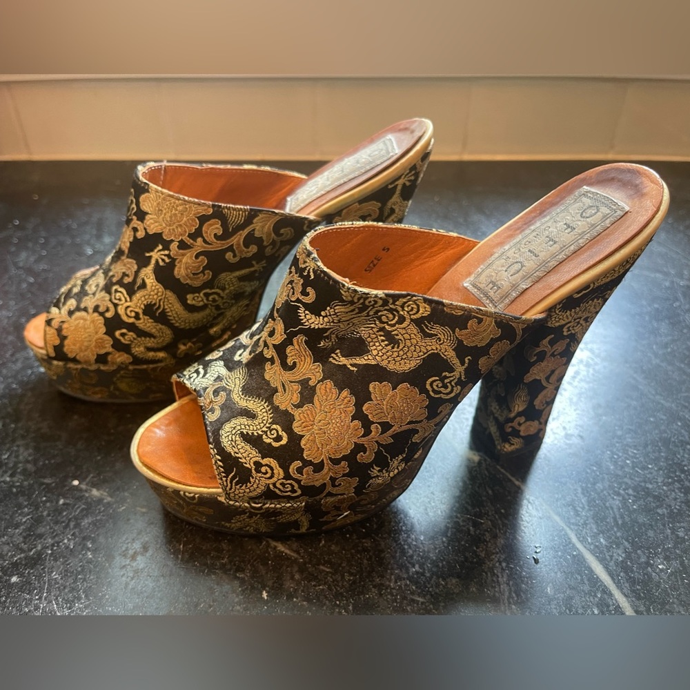 Vintage Office London platform heels with Asian themed design